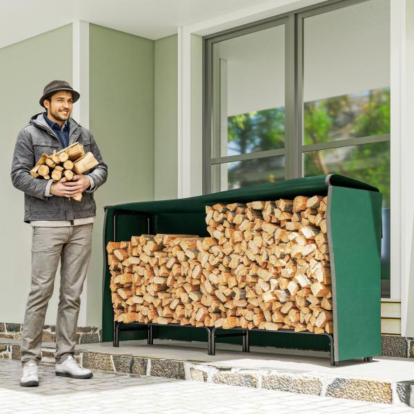 Suporte para Lenha com Cobertura Ajustável para Interior e Exterior Carga 200 kg 200x36x99 cm Verde Escuro e Preto