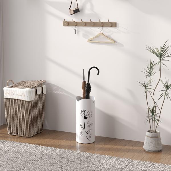 Suporte para Guarda Chuva em Aço com 4 Ganchos Bandeja de Gotejamento Amovível para Entrada ou Escritório Branco 17x17x41 cm