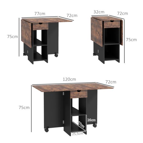 Mesa de Cozinha Dobrável com Rodas Laterais Rebatíveis Gaveta e Prateleiras para 2 - 4 Pessoas 120x72x75 cm Madeira Branco