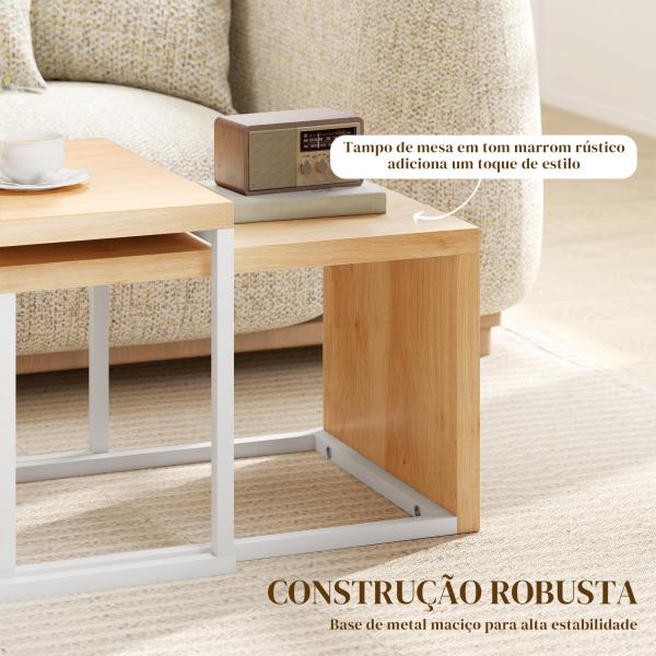 Conjunto de 2 Mesas de Centro com Pés de Metal Estilo Industrial 90x48x42 cm e 59x42x36 cm Branco e Madeira