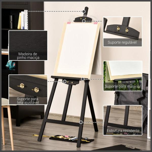 Cavalete para Pintura de Madeira Inclinável 90° com Suporte Tripé e Pincel 51,5x71,5x134,5 cm Preto