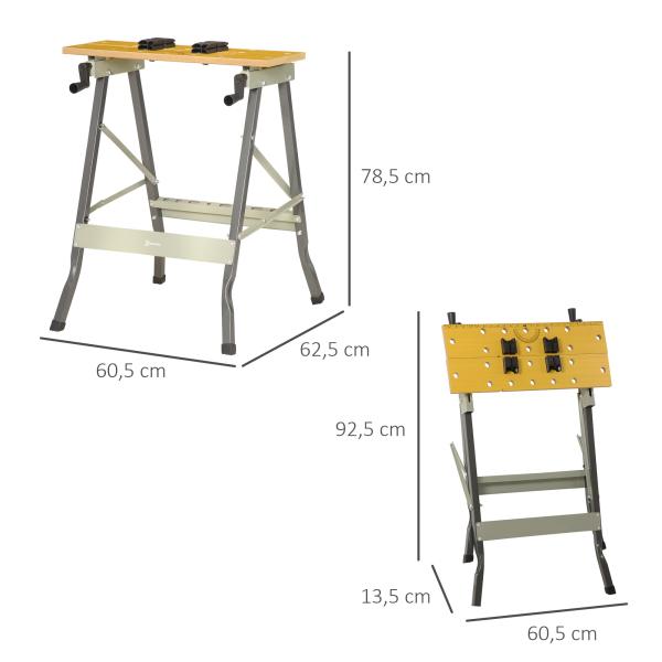 Banco de Trabalho Dobrável 4 em 1 Mesa de Trabalho com 4 Prensas 2 Manivelas 62,5x60,5x78,5 cm Madeira e Cinzento