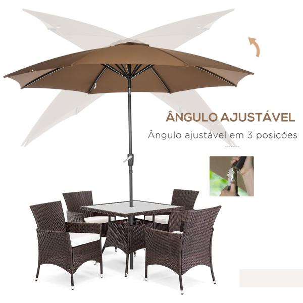 Chapéu de Sol a Manivela com Teto Inclinável e 8 Hastes de Metal para Pátio Varanda Exterior Ø300x240 cm Marrom