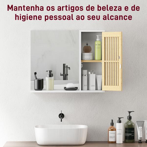 Espelho de Casa de Banho 60x50 cm Espelho de Parede com Porta de Ripas de Bambu Prateleiras de Arrumação Branco e Madeira