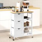 Carrinho de Cozinha com Rodas Carrinho de Serviço com 3 Gavetas 2 Prateleiras Abertas e Bandeja 67x37x85,5 cm Branco