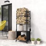 Suporte para Lenha com Rodas de 4 Níveis com Pá Escova Atiçador e Tenaz para Interior e Exterior 45x30x118 cm Preto