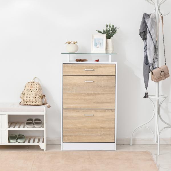 Sapateira de 2 Portas Sapateira Estreito para 12 Pares de Sapatos com Gaveta e Bancada de Vidro 60x24x105,5cm Branco