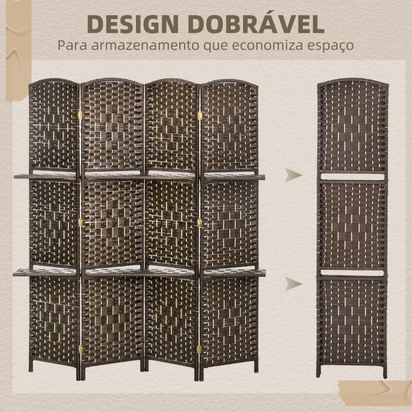 Biombo Separador de Ambientes 4 Painéis 160x170 cm com 2 Prateleiras Dobrável de Fibra de Papel Castanho