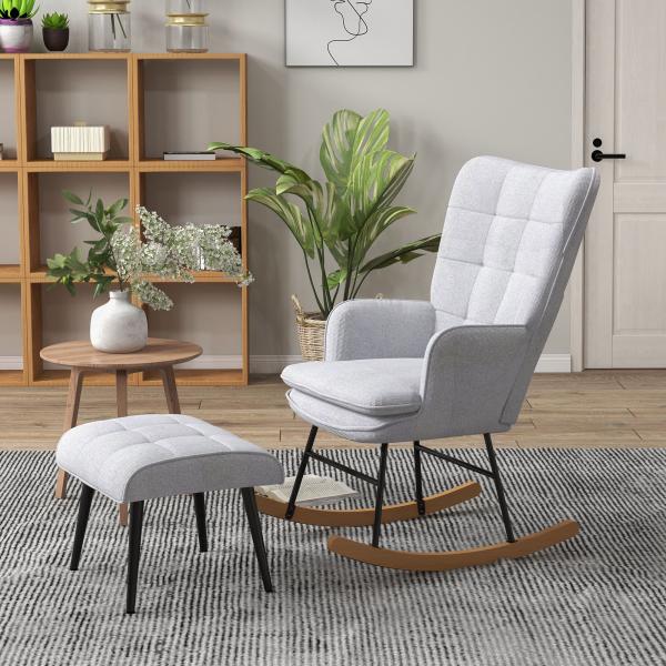 Poltrona Baloiço com Apoio para os Pés Poltrona Relax com Almofada Acolchoada e Anti - Tombo 64x89x90 cm Cinzento