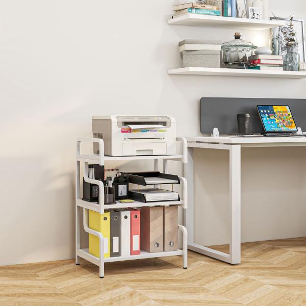 Suporte para Impressora de 3 Níveis com Estrutura em Aço e Estante de Arrumação para Escritório e Casa 55x40x77 cm Branco