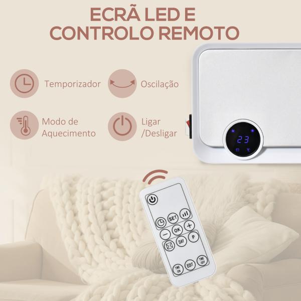 Aquecedor Cerâmico de Parede 1000W/2000W com Controle Remoto Tela LED Temporizador de 12h Termostato e Proteção contra Superaquecimento 56x18,5x11,7cm Branco