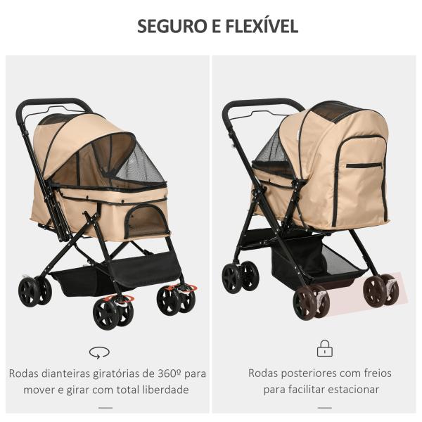 Carrinho para Animais de Estimação Dobrável com Cesta de Armazenamento Cinto de Segurança 76,5x52x95 cm Marrom Claro