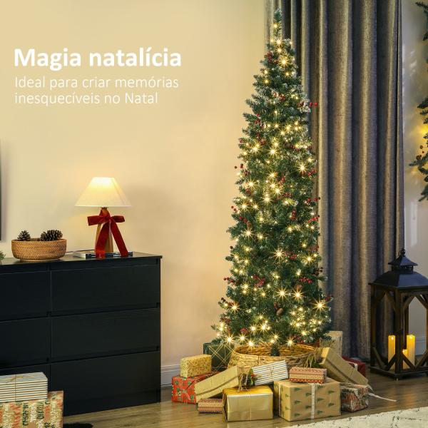 Árvore de Natal Slim 210 cm com Luzes LED 8 Modos de Iluminação 656 Ramos com Purpurina Prateada Pinhas e Bagas Verde