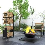 Suporte para Lenha com Rodas de 4 Níveis com Pá Escova Atiçador e Tenaz para Interior e Exterior 45x30x118 cm Preto