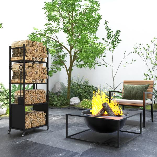 Suporte para Lenha com Rodas de 4 Níveis com Pá Escova Atiçador e Tenaz para Interior e Exterior 45x30x118 cm Preto