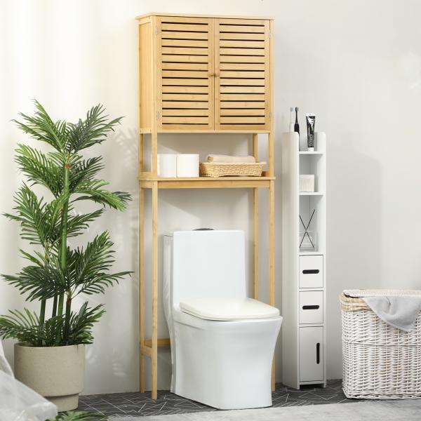 kleanklin Móvel de Bambú sobre Sanita Armário Alto para Casa de Banho com 2 Portas 1 Prateleira Interior e 1 Prateleira de Armazenamento 60x23x173cm Natural