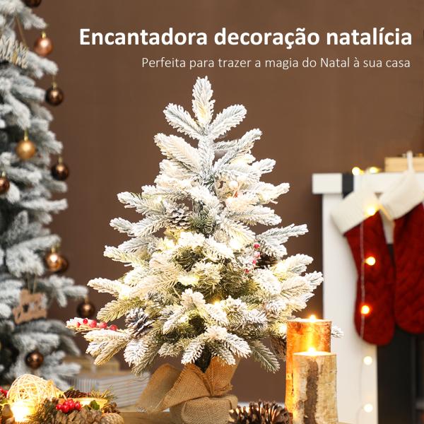Mini Árvore de Natal Artificial com 35 Luzes LED 182 Ramos com Neve Pinhas Bagas e Base de Saco de Juta Ø48x60 cm Verde