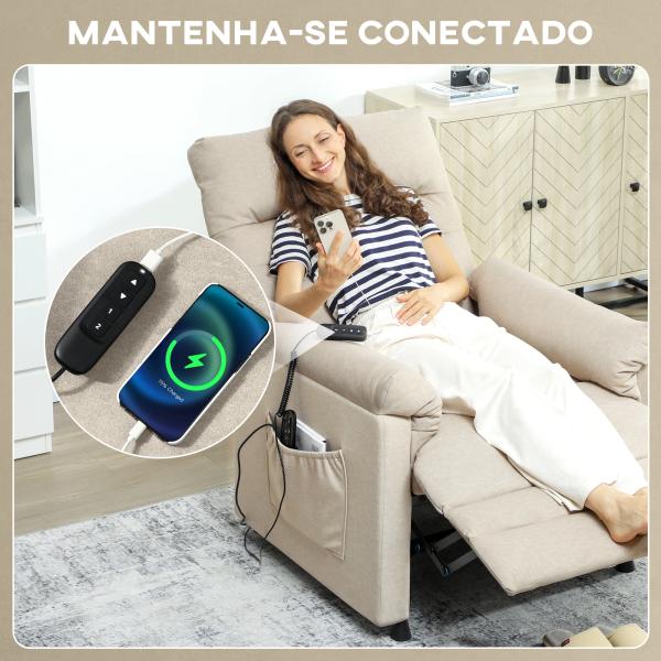 Poltrona Relax com Aquecimento Lombar e Massagem por Vibração Reclinável USB e Função de Memória 82x99x106 cm Bege