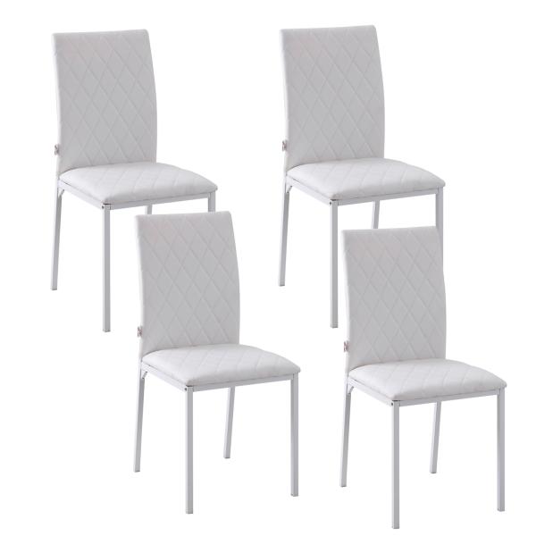 Conjunto de 4 Cadeiras de Sala de Jantar, Cadeiras Modernas para Cozinha, Encosto Alto com Costuras Decorativas em Forma de Diamante, Estofadas em Pele Sintética, Pernas de Aço, Suportam até 120 kg, Branco