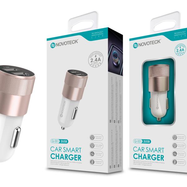 Carregador Automóvel Isqueiro Branco com Duas Portas USB 2.4A Dourado Q - 001