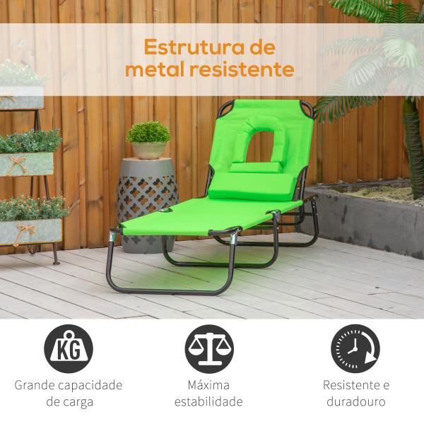 Espreguiçadeira Dobrável com Encosto Regulável em 4 Posições, Espreguiçadeira de Jardim com Orifício para Leitura, Almofada, Estrutura Metálica e Tecido Oxford para Praia e Terraço, Peso Máx. 120 kg, 190x56x28 cm, Verde