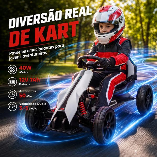 Go Kart Elétrico para Crianças Kart a Bateria 12V Velocidade Ajustável 3 - 5 km/h e Cinto de Segurança 100x58x58,5 cm Branco