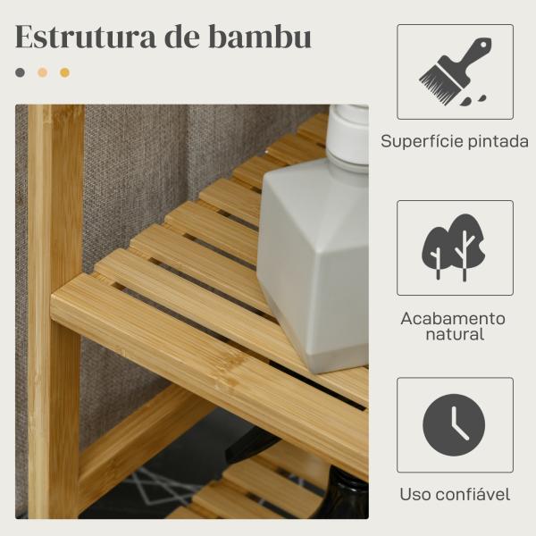 Cesto de Roupa Suja 57,4L com Tábua de Passar Suporte para Ferro 3 Prateleiras e Bolsa Removível 113x34x82 cm Madeira e Cinza