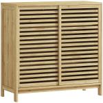 Armário de Casa de Banho em Bambu com 2 Portas de Correr Desenho com Ripas 4 Prateleiras Móvel Auxiliar de Arrumação 80x34x80 cm Madeira