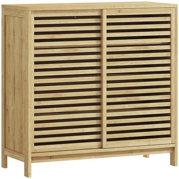 Armário de Casa de Banho em Bambu com 2 Portas de Correr Desenho com Ripas 4 Prateleiras Móvel Auxiliar de Arrumação 80x34x80 cm Madeira