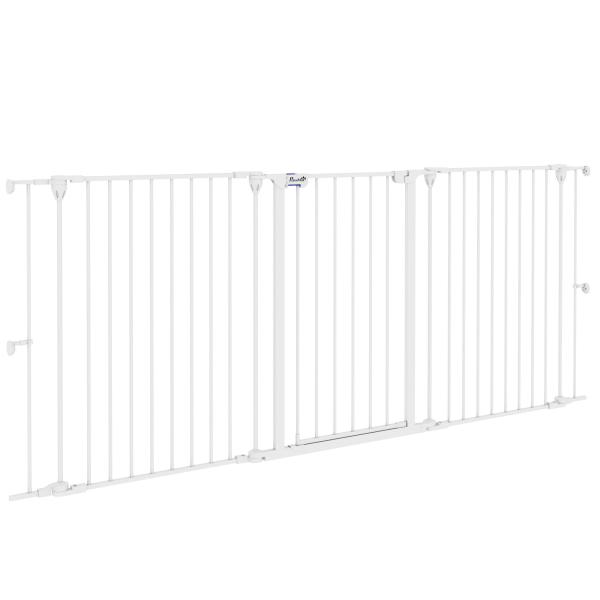 Barreira para Cães de Aço Barreira de Segurança para Animais de Estimação Dobrável de 3 Painéis Duplo Fechamento 206x90 cm Branco