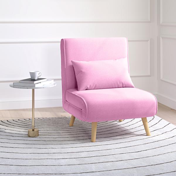 Sofá - Cama Individual Dobrável com Encosto Ajustável 5 Posições Cadeirão - Cama Estofado com Almofada 72x75x85 cm Rosa
