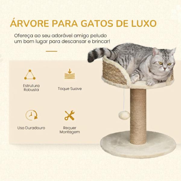 Arranhador para Gatos Pequeno 49 cm com Poste em Juta, Cama e Bola Pendente, 40x40x49 cm, Bege
