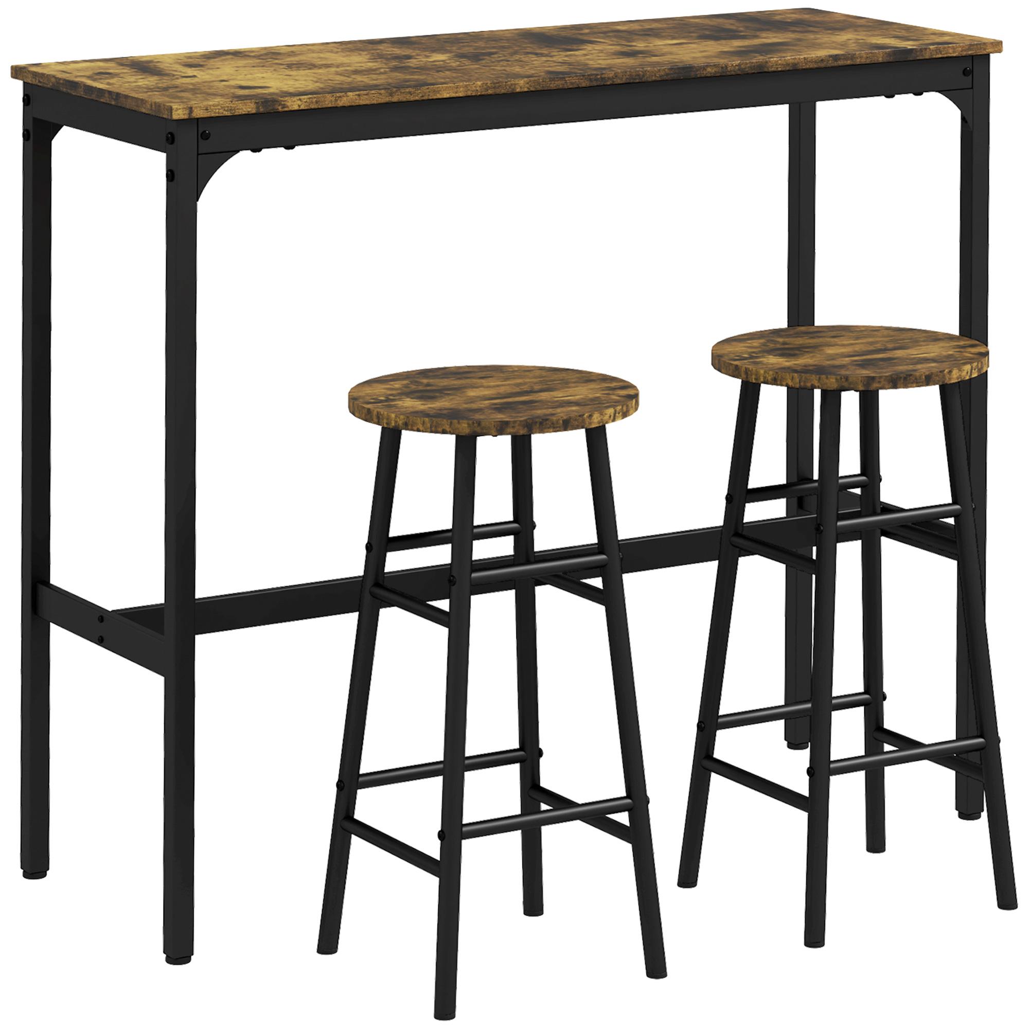 Conjunto de Mesa Alta de Cozinha com 2 Bancos Estrutura em Aço Estilo Industrial para Sala de Jantar Castanho Rústico