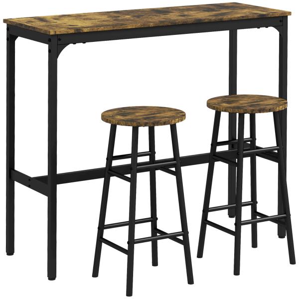 Conjunto de Mesa Alta de Cozinha com 2 Bancos Estrutura em Aço Estilo Industrial para Sala de Jantar Castanho Rústico