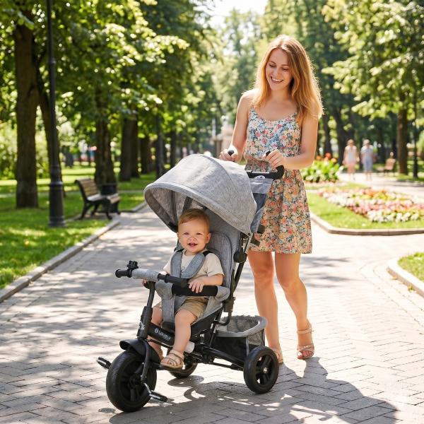 Triciclo para Bebés 2 em 1 de +12 Meses com Capota Dobrável Guiador Telescópico e Removível Bolsa e Porta - garrafas Cinza
