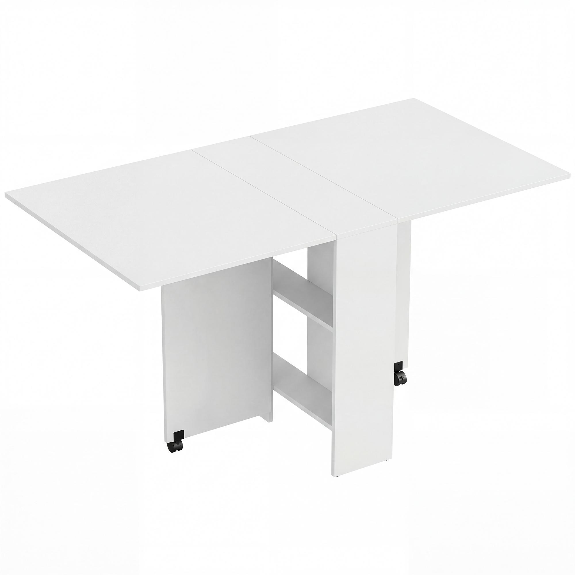 Mesa de Sala de Jantar Dobrável Mesa de Madeira com 2 Prateleiras de Armazenamento e Rodas para Cozinha 75x140x74 cm Branco