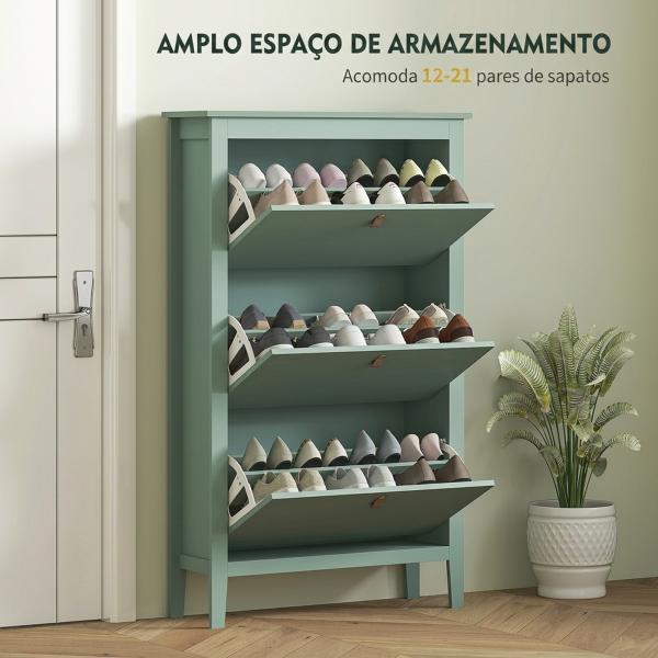 Sapateira Estreita com 3 Compartimentos e Puxadores em Pele Sintética PU para Corredor e Entrada 80x24x131 cm Verde - Claro