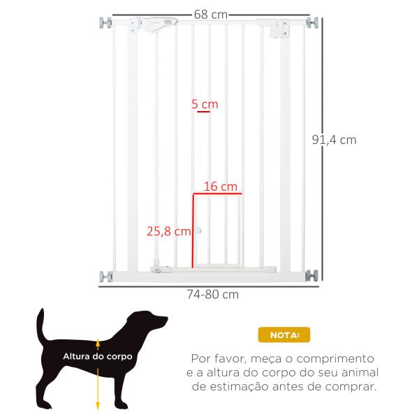 Barreira de Segurança para Cães Animais de Estimação 74 - 80cm para Escadas Portas e Corredores com Porta para Gatos Fechamento Automático e Sistema de Duplo Bloqueio Altura 91,4cm Branco