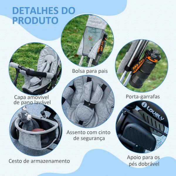 Triciclo para Bebés 2 em 1 de +12 Meses com Capota Dobrável Guiador Telescópico e Removível Bolsa e Porta - garrafas Cinza