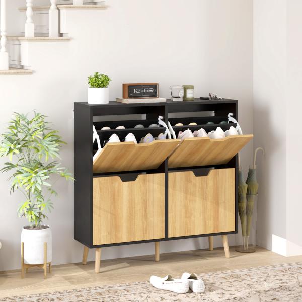Sapateira para 16 Pares de Sapatos com 4 Gavetas e Prateleiras Ajustáveis 95x26x95 cm Madeira e Preto