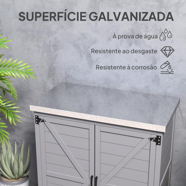 Armário de Exterior em Madeira com Tampo de Aço Galvanizado Prateleira 2 Portas para Armazenamento de Ferramentas 79x43x92 cm Cinza