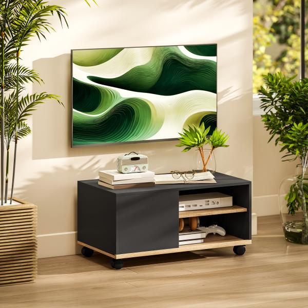 Móvel de TV com Rodas para Televisores até 42 Polegadas com 1 Porta 2 Compartimentos Abertos Prateleira 80x45x41 cm Preto