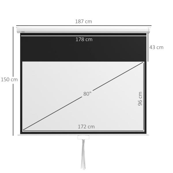 Tela de Projeção Manual 80 polegadas Formato 16:9 com Altura Ajustável para Interior e Exterior 187x8x150 cm Branco