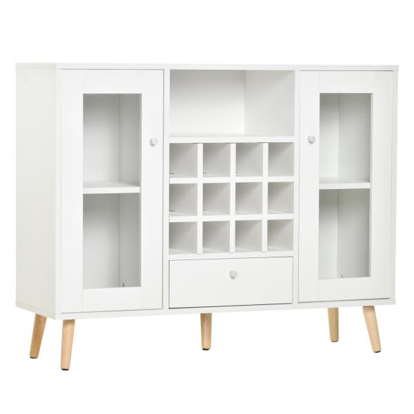 Aparador de Cozinha Armário de Armazenamento com 12 suportes para Garrafas e 3 Estantes Portas de vidro 100x33x80cm Branco