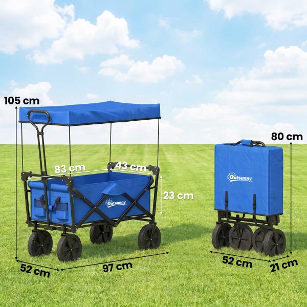 Carrinho de Transporte Dobrável com Toldo Removível e Alça Ajustável Capacidade 100 kg para Campismo 97x52x105 cm Azul