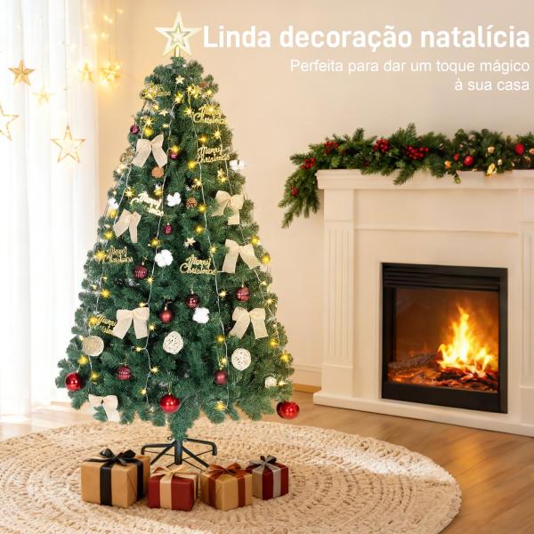 Árvore de Natal de 180 cm com Decorações 200 Luzes LED Branco Quente 8 Modos de Iluminação e 650 Ramos Verde