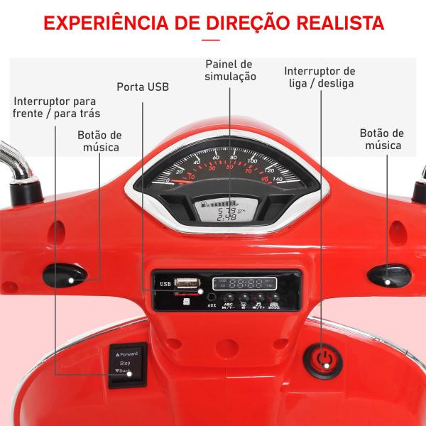 Mota Elétrica para Crianças com Licença Vespa com Música Velocidade 2 - 3 km/h e Buzina 102x50,5x75,5 cm Vermelha