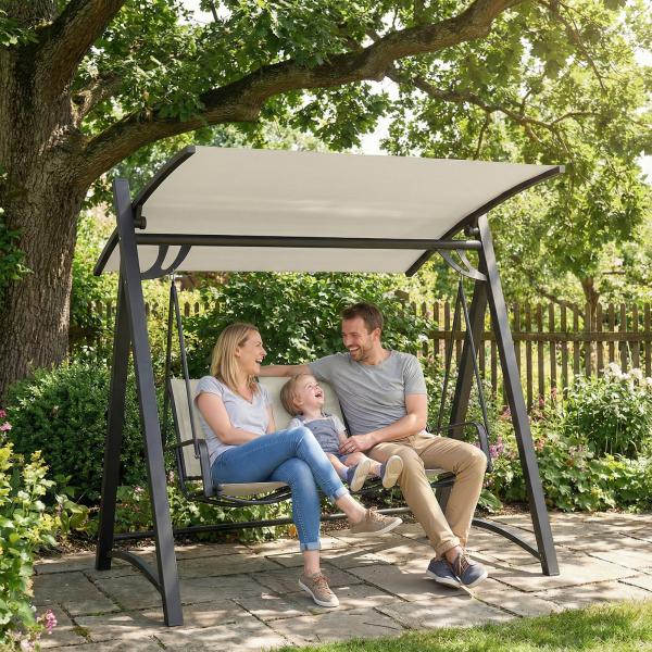 Baloiço de Jardim de 3 Lugares com Teto Ajustável UPF50+ Assento Transpirável e Estrutura em Metal 188x130x183 cm Creme