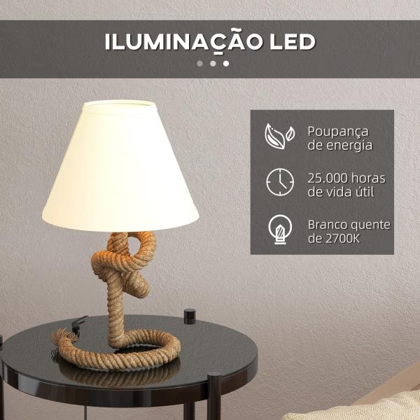 Candeeiro de Mesa LED com Base de Metal Corda de Linho e Ecrã de Tecido Suporte para Lâmpada E27 Ø28x45,5 cm Marrom Bege