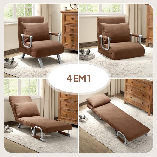 Sofá Cama Individual Sofá Cama Individual Sofá Reclinável com Almofada para Sala Quarto Carga 100 kg 65x69x80 cm Marrom
